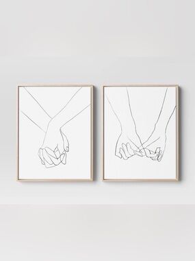 Minimalist Modern Hand-Holding Line Art Prints in White&Black. 16”x20” each.New.